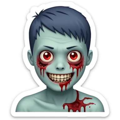 zombie boy with emo short hair, white skin, and white eyes; an open smile, and bloodied teeth; sticker