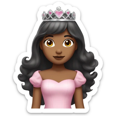 Princess with halo with medium skin tone with long black hair with bang with silver pink heart tiara and pink dress sticker