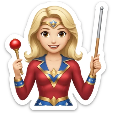 Blonde Wonder Woman holding bell and short white orchestra conductor’s baton  sticker