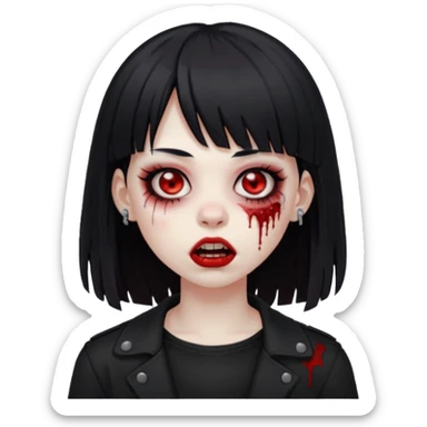uma garota zumbi, com piercing na boca e no nariz, com olhos vermelhos, cabelos pretos e com franja, e roupa preta sticker