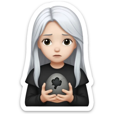 A girl with long white hair is sad and holds a black in her hands sticker
