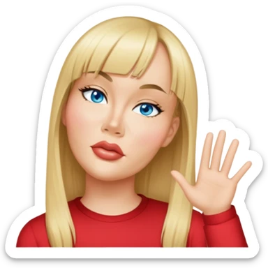 female, wearing red shirt, long mittle-blonde hair with thin bangs sticker