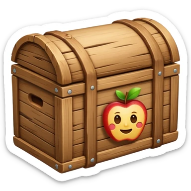 wooden box emoji, closed box with a log peeking out from the top, natural wood finish, apple emoji style sticker