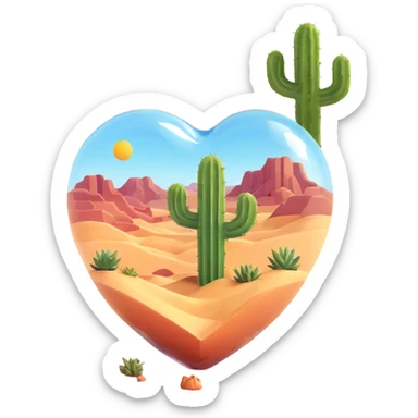glass heart emoji with a tiny desert landscape inside, visible sand, a single cactus, and subtle reflections sticker