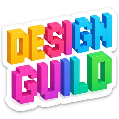 voxel art text: DESIGN GUILD, playful and creative sticker