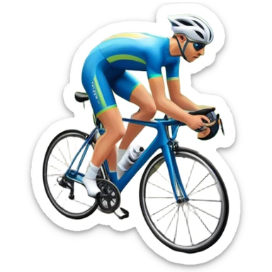 An icon featuring a sleek road bicycle with aerodynamic wheels on a winding mountain road. The background showcases a stunning landscape with rolling green hills, a bright blue sky, and distant peaks. Sunlight casts dynamic shadows, emphasizing motion and speed. Transparent background. sticker