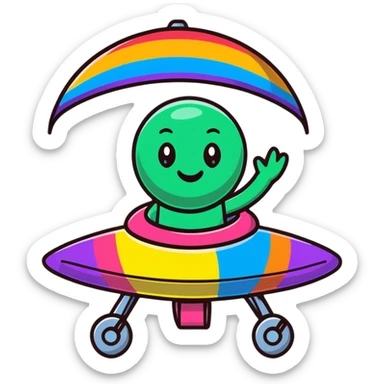 A cheerful rainbow crayon character waving while riding a silver UFO with glowing lights sticker