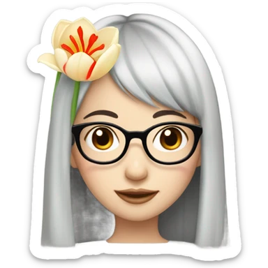 asian pale skin girl with long black hair and bangs and glasses holding tulips sticker