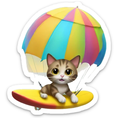 Cat with a parachute on the beach surfing sticker