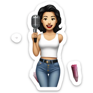 Selena Quintanilla singing into a lipstick-stained microphone dressed in a white top and 90s-style jeans sticker