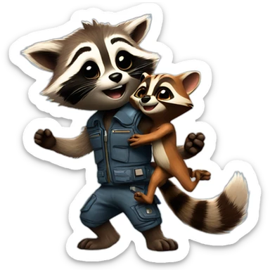 Rocket racoon dancing with baby groot sticker