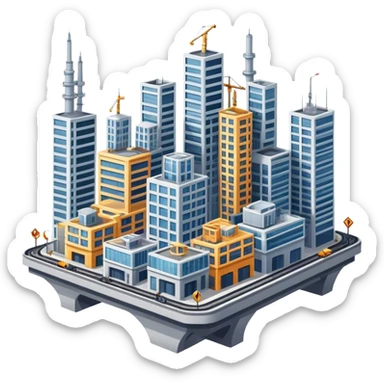 Buildings constructed on a large platform, with each structure elevated and connected, creating a unique, organized urban space sticker