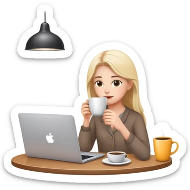 Girl working from home drinking coffee while being on laptop sticker