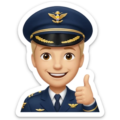 Slack-style emoji of a pilot wearing a slightly tilted navy captain hat, giving a thumbs-up, big cheerful smile, eyes closed or happy squint sticker