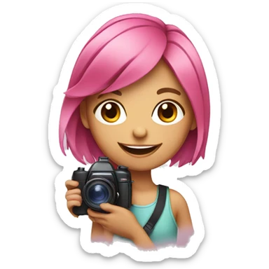 smiling girl with multicolored pink hair holding a camera sticker