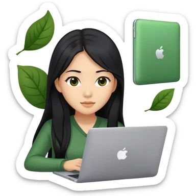 Long hair asian woman working on green laptop with brown eyes sticker