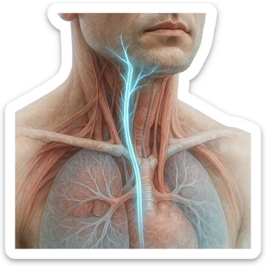 realistic close-up view of human neck and chest with highlighted vagus nerve, detailed anatomy, vagus nerve path clearly visible, ice effect with blue glow, transparency on internal organs, light background sticker