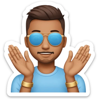 A emoji doing hands like hardik Pandya after winning t20 world cup in sky blue colour round emoji Cat wearing sunglasses sticker