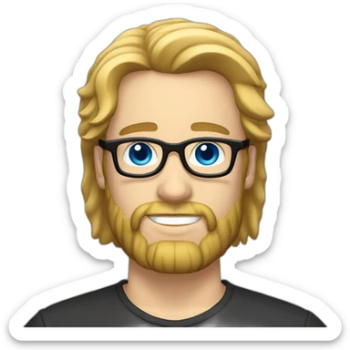 Man with long blonde hair blue eyes black rim glasses and beard sticker