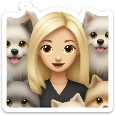 blond hair girl holding two pomeranians: a black pomeranian and grey pomeranian  sticker