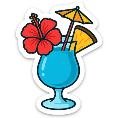 blue tropical cocktail with hibiscus, pineapple, and paper umbrella garnishes, vibrant flat toon style sticker