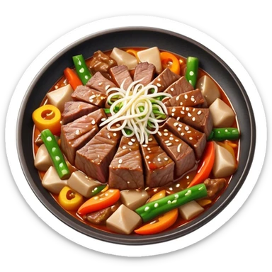 Cinematic Realistic Bulgogi Dish Emoji, featuring tender, marinated beef stir-fried with vegetables rendered with dynamic textures and mouth-watering lighting. sticker