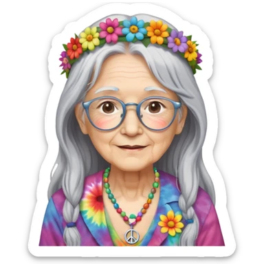 elderly woman with long grey hair, glasses, peace sign necklace, tie-dye clothing, flower crown sticker