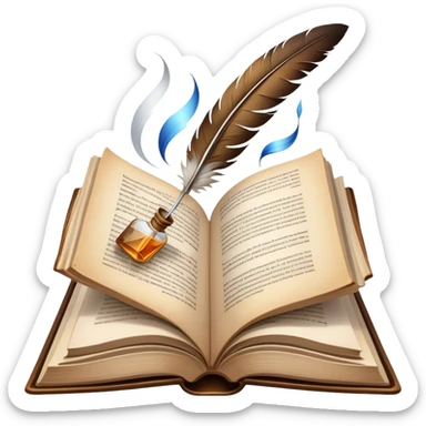 Icon for Reading Fiction: an open book with pages fluttering, surrounded by a quill, an ink bottle, and a cozy reading nook. The icon should represent the immersive world of literature and storytelling. Transparent background. sticker