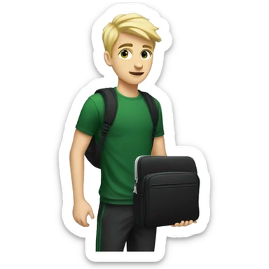 A tall blonde male teenager, 17 years old, holding a black laptop bag, wearing a dark green shirt and tracksuit pants sticker