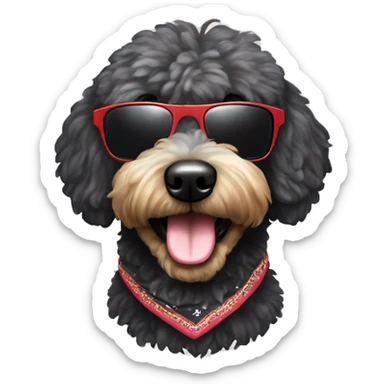BLACK golden doodle wearing sunglasses with a big smile with human like teeth. Also with a bandanna around its neck that says mums favourite  sticker