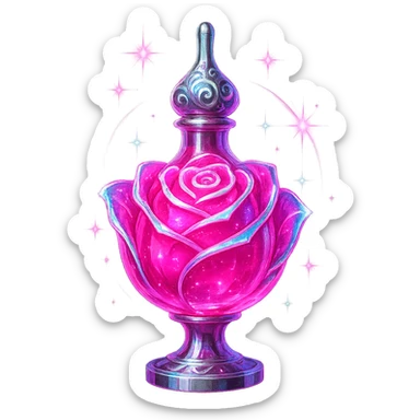 modernus prabangus eliksyro buteliukas, rožės forma, ryški rožinė spalva, holografiniai ir sidabriniai ornamentai, stiprūs magiški švytėjimai ir efektai, labai mažas kaklelis, skaidrus fonas, vientisas dugnas, be šešėlio, plūduriuoja ore, kolekcijos stilius sticker