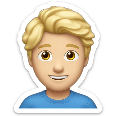 Jongen met blond haar blauwe ogen blauwe broek rood jasje en een wit t- shirt sticker