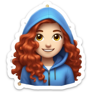 a white girl with long red curly hair and freckles, wearing periwinkle Minecraft hoodie playing a videogame smiling sticker