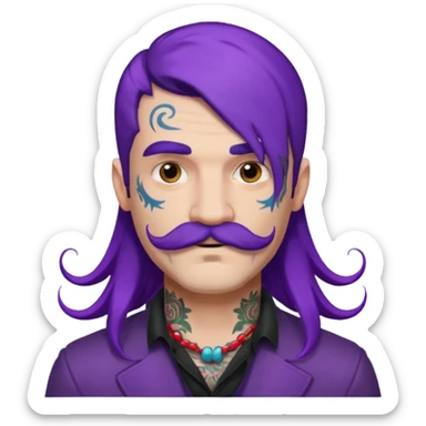  long purple haired man, mustached and face tattoes, handsome sticker