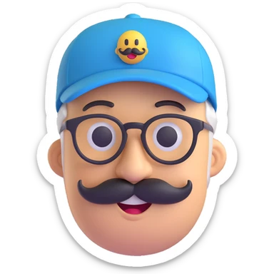 3D smiley emoji, round shape, grandfather with mustache, glasses, blue cap, blue color, smiling face sticker