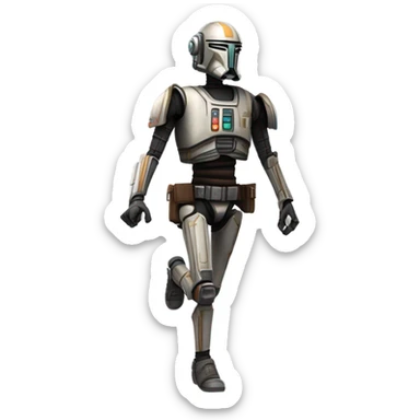 smiling bounty hunter protocol droid wearing backpack, saddlebags and light saber ready to fight running sticker