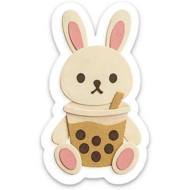 full-body milk tea bunny sitting still with blank stare, nose and mouth solid and clear sticker