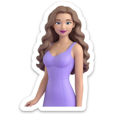 emoji of a fashionable woman with a sweet smile, long light ash brown wavy hair, blue eyes, nude lipstick, in a form-fitting lilac dress, chic energy sticker