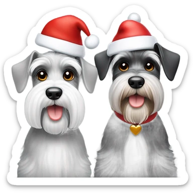2 miniature schnauzers, 1 grey and 1 black and white, wearing Christmas hats with a heart above them sticker