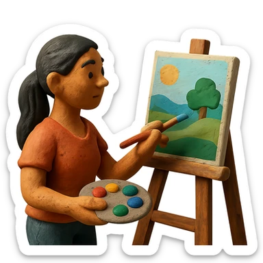 tanned woman artist with long black hair in a ponytail, painting a landscape at an easel, holding a paint palette and brush, claymation style sticker