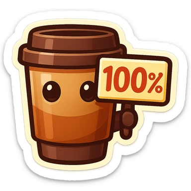 Tall coffee cup, no mouth, holding sign "100%" sticker