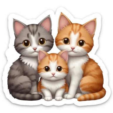 3 very small kittens cuddling together all different colours, the first one is grey and white, the second is ginger and white and the third is brown tabby and white sticker