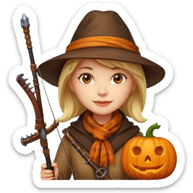 female human monster hunter emoji, wearing brown coat and hat, holding crossbow, soft smile, scarf, glowing pumpkin by her side, Halloween fantasy style, clean vector Apple emoji look, bright colors, white background, square sticker
