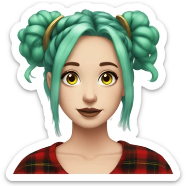  Pale woman, blue eyes, green hair, space buns hairstyle, wearing a red flannel, gold hoop earrings, thick wing eyeliner sticker