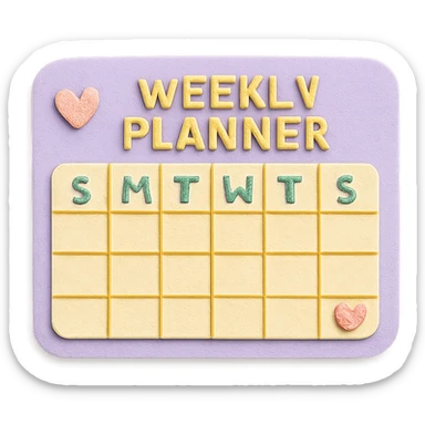 soft pastel kawaii weekly planner box with tiny heart icons, pastel purple background sticker
