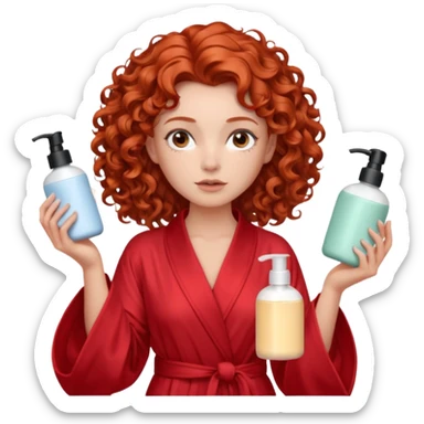 Cartoon emoji of a girl with voluminous curly red hair, fair skin, warm brown eyes. Wearing a chic milky silk robe with long sleeves, no makeup. Portrait mode, holding 3 moisterizers or different skin care products, looking super doubtful twisted and unsure. Smooth, simple, stylized." sticker