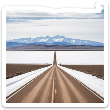 A long STRAIGHT dirt road that disappears into the horizon half way up the screen from the perspective of someone sitting in the middle of the road looking down it. Flat snow fields on both sides of the road with huge looming mountains above the roads horizon line.  sticker
