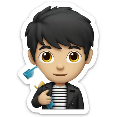 a guy with black hair in a striped T-shirt and a black jacket holds a folder sticker