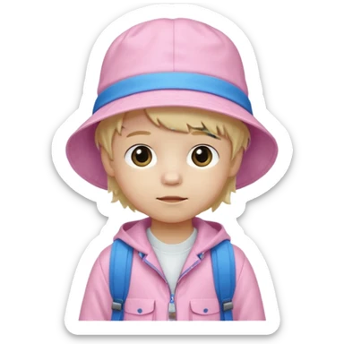 A little boy student white skin, blonde hair, with pink bucket hat, white jacket, blue backpack sticker