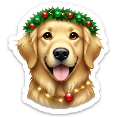 Golden retriever wearing a Christmas wreath lights around his neck sticker